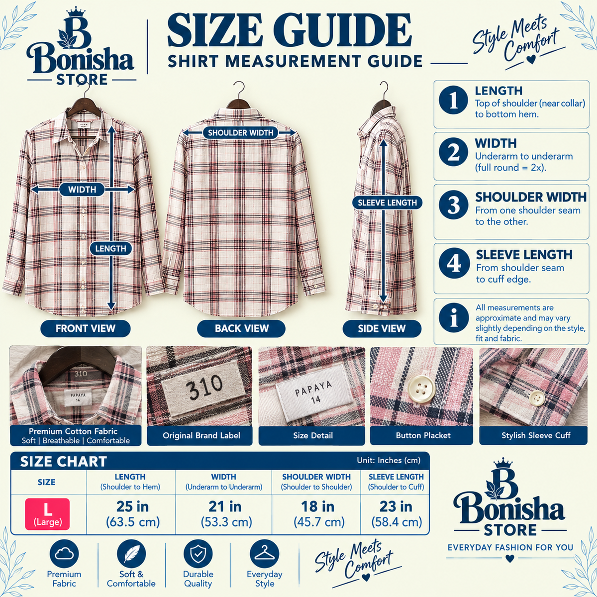 Cream and pink plaid shirt size L – size guide and measurements