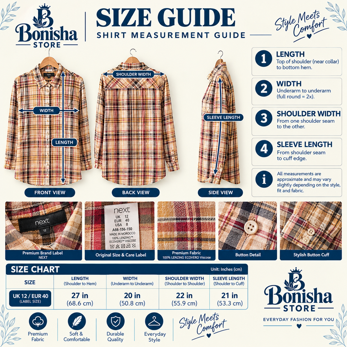 Next women's beige plaid button-down shirt – another view.