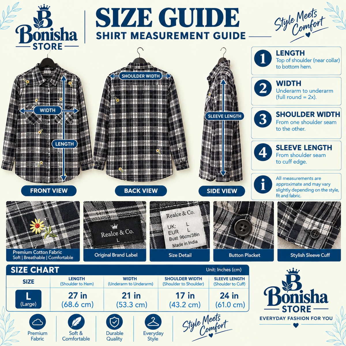 Black and white plaid embroidered shirt size L – size guide and measurements