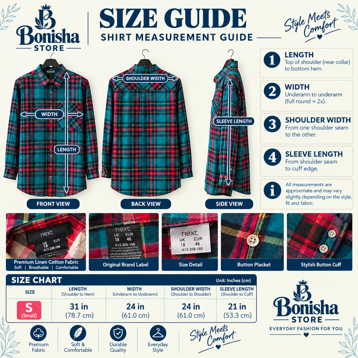 Women's teal plaid check tunic shirt – another view of check pattern and sleeves