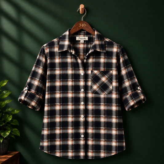Peacocks black and beige plaid check button-up shirt on hanger
