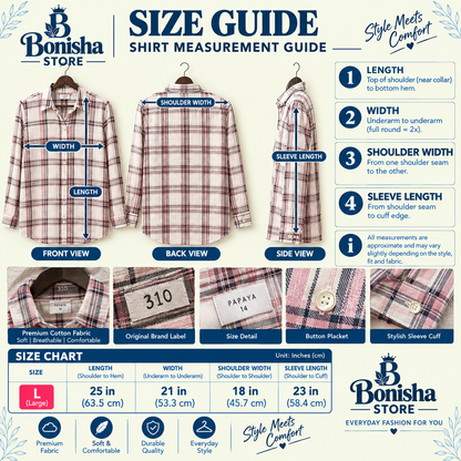 Cream and pink plaid shirt size L – size guide and measurements