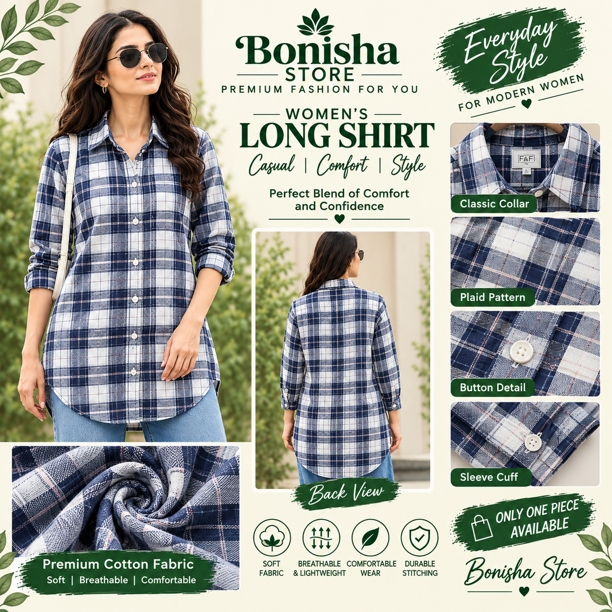 Navy and white plaid longline shirt – size guide and measurements
