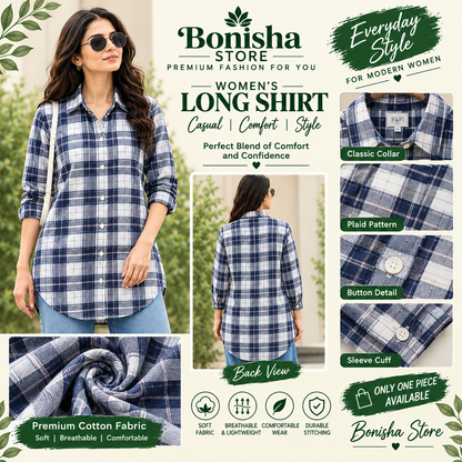 Navy and white plaid longline shirt – size guide and measurements