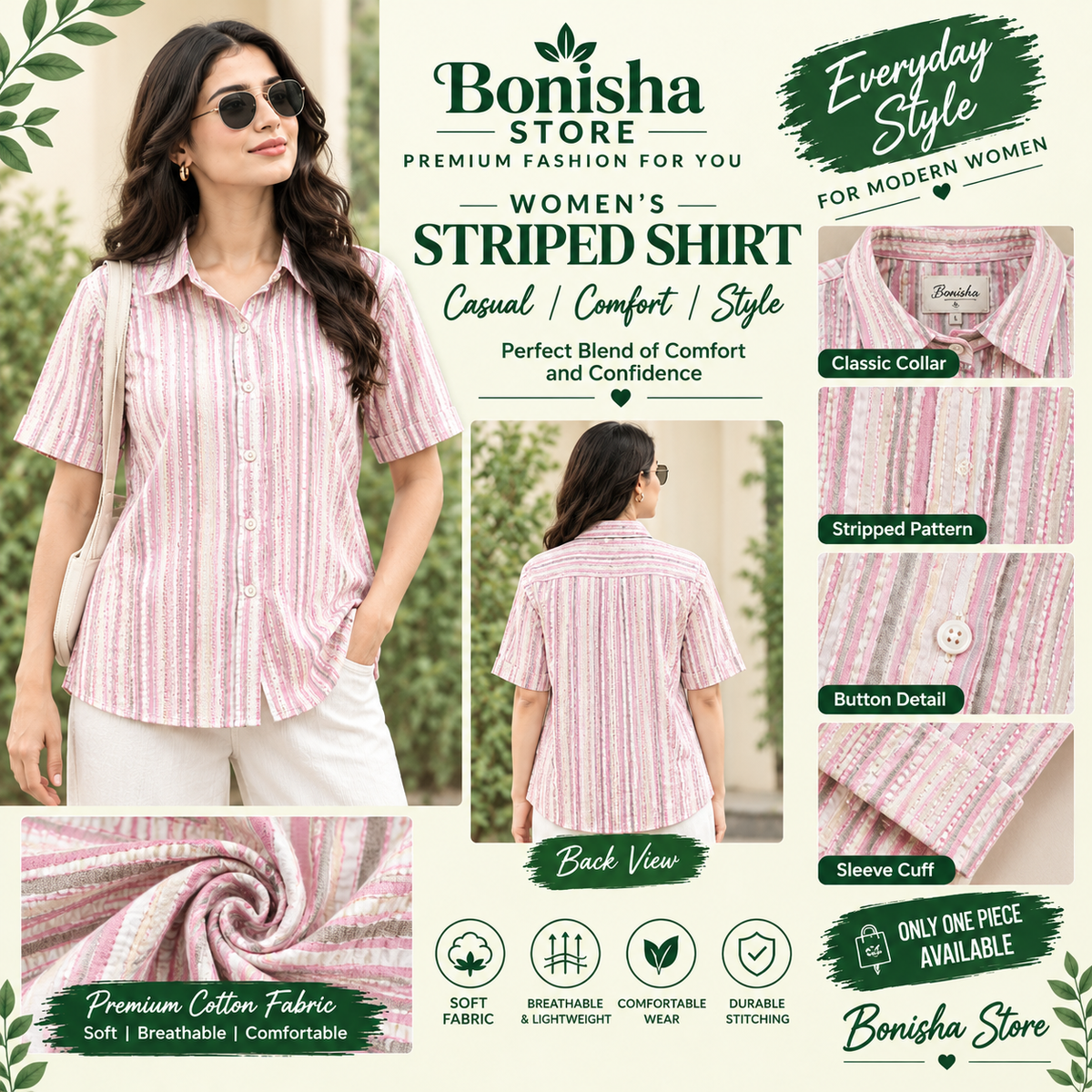 Women's pink striped short sleeve shirt – styled look and detail views