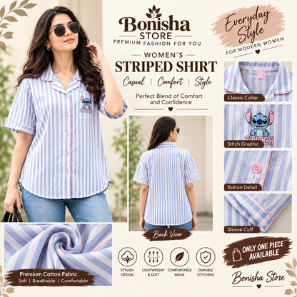 Light blue striped Stitch graphic shirt – pink buttons and contrast piping detail