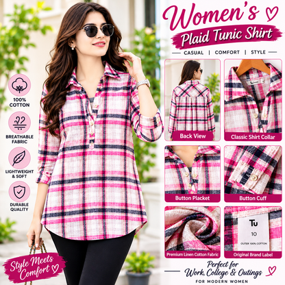 Women's pink check longline tunic shirt – detail view