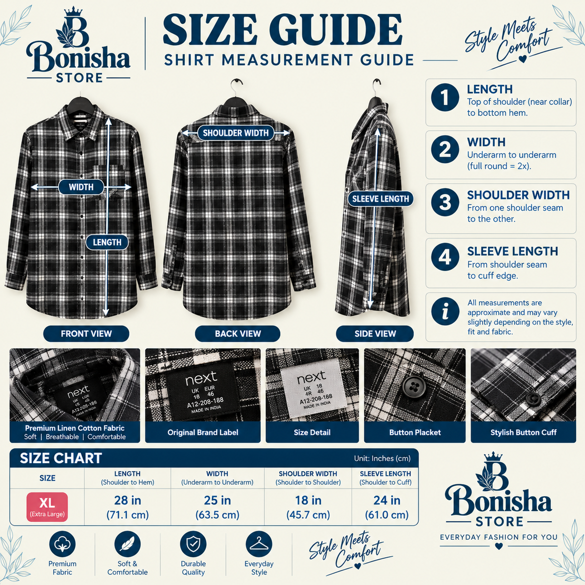 Women's black and white check shirt size XL – measurements and size guide