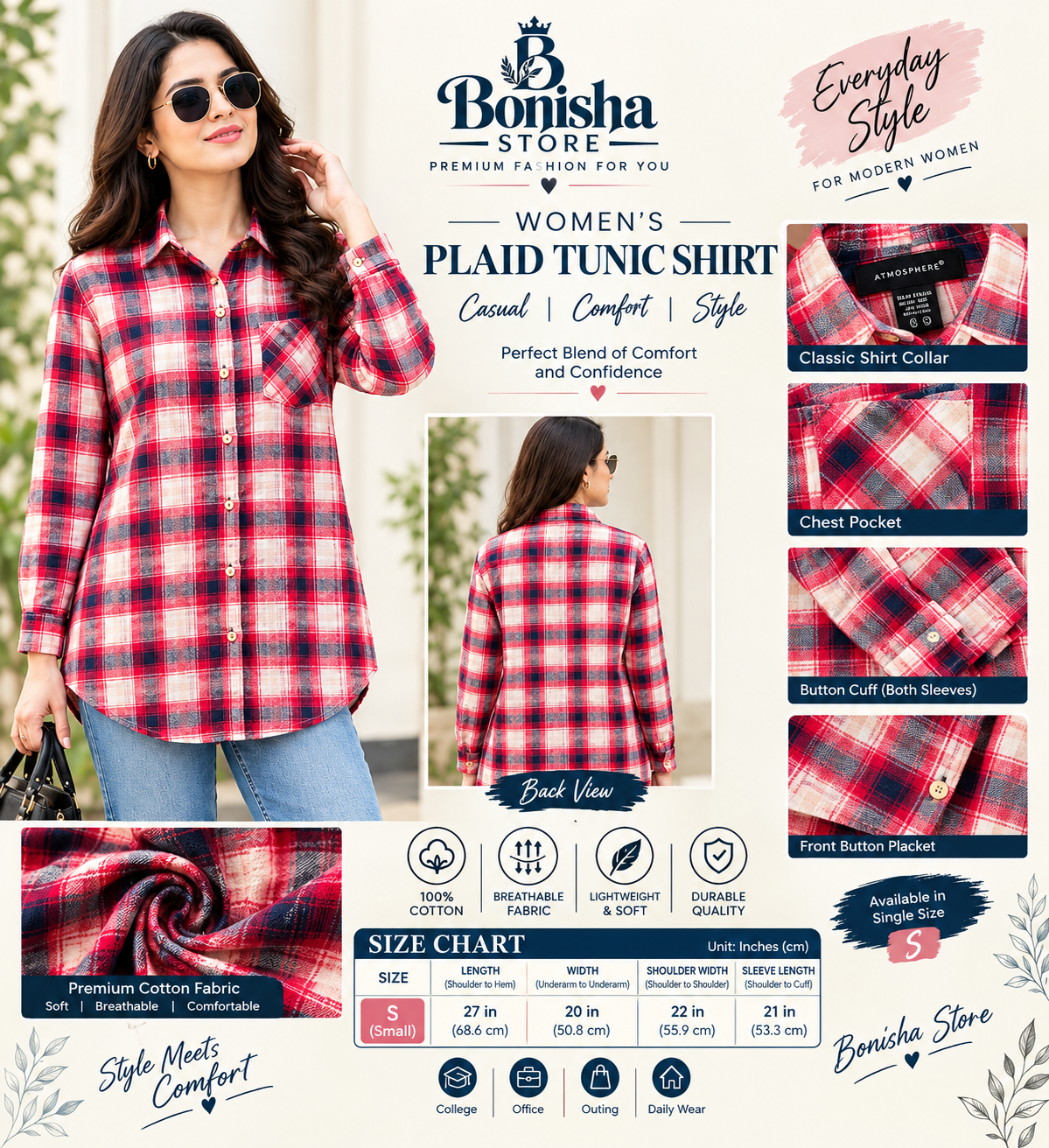 Women's red, white, navy and grey plaid shirt – detail view.