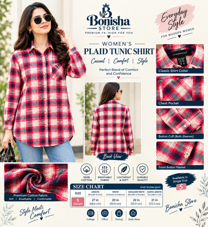 Women's red, white, navy and grey plaid shirt – detail view.
