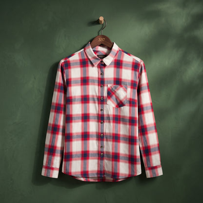 Women's red, white, navy and grey plaid shirt front view.