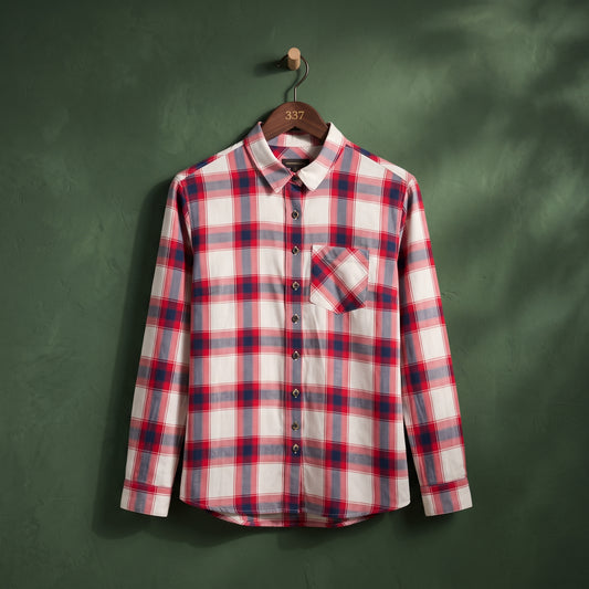 Women's red, white, navy and grey plaid shirt front view.