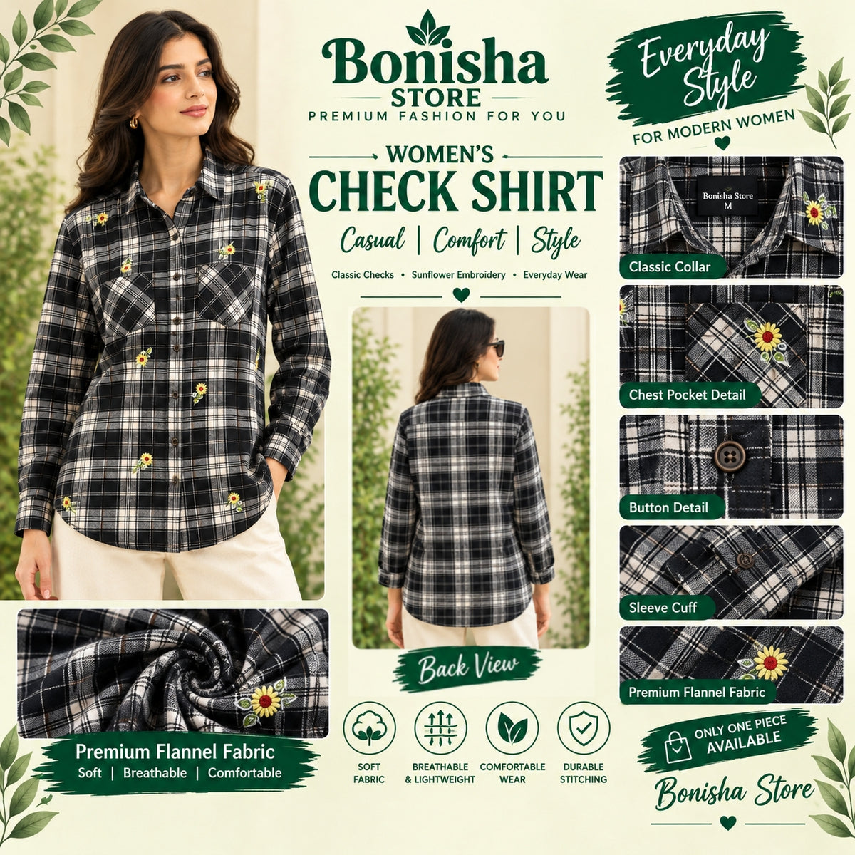 Black and white plaid sunflower embroidered shirt – styled look and detail views