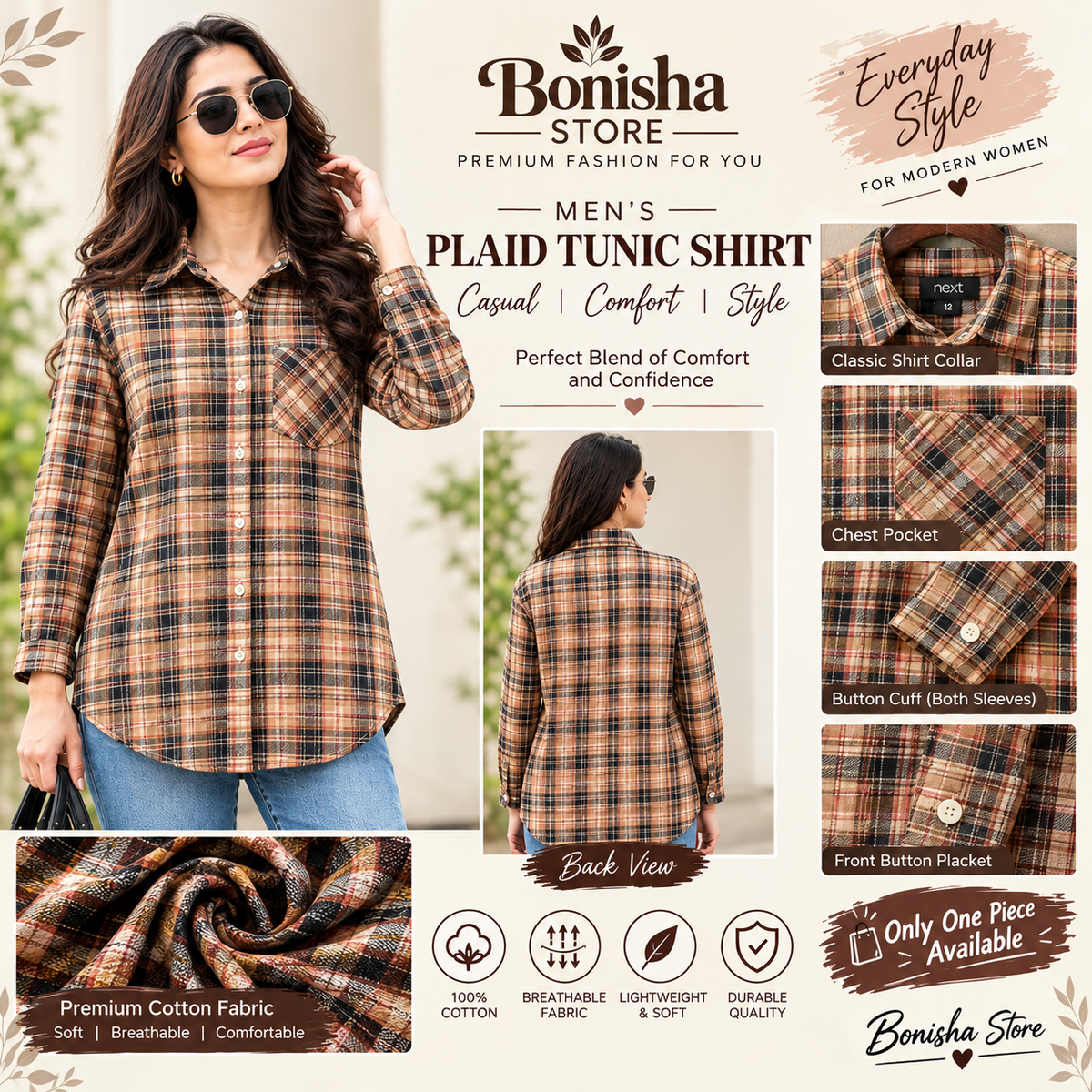 Next women's beige plaid button-down shirt – detail view.