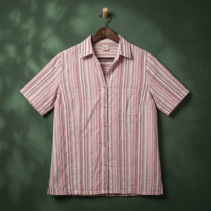 Women's pink, white and grey textured stripe short sleeve shirt with chest pocket – front view on hanger