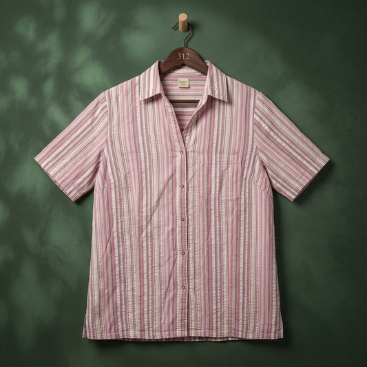 Women's pink, white and grey textured stripe short sleeve shirt with chest pocket – front view on hanger
