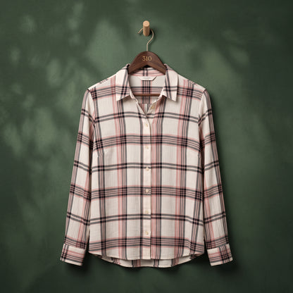 Women's cream plaid shirt with pink, grey and black checks, long sleeves – front view on hanger