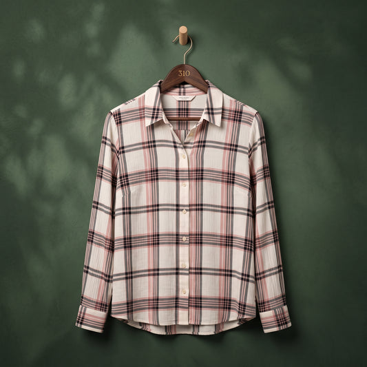 Women's cream plaid shirt with pink, grey and black checks, long sleeves – front view on hanger