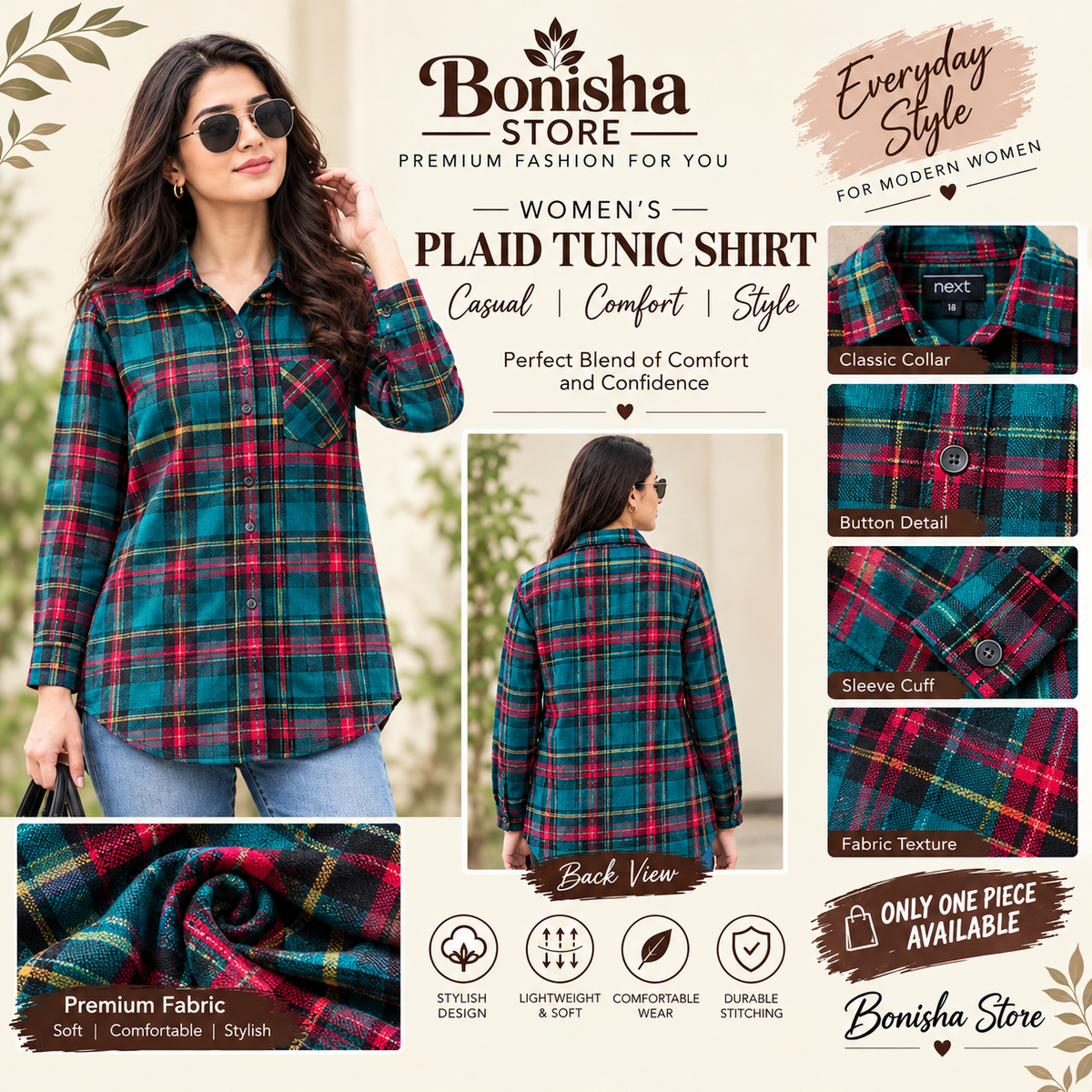 Women's teal plaid check tunic shirt – collar and button-up front detail