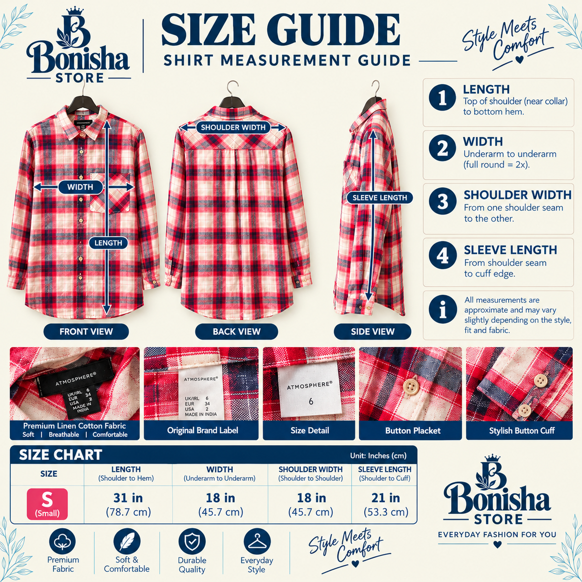 Women's red, white, navy and grey plaid shirt – another view.