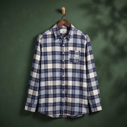 Women's navy, blue and white plaid check longline shirt with chest pocket – front view on hanger