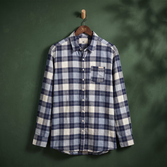 Women's navy, blue and white plaid check longline shirt with chest pocket – front view on hanger