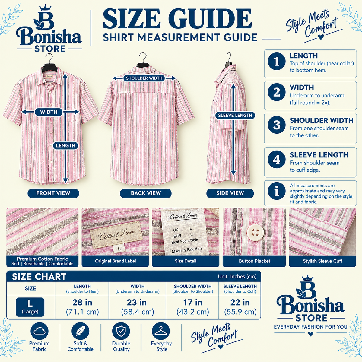 Pink striped short sleeve shirt size L – size guide and measurements