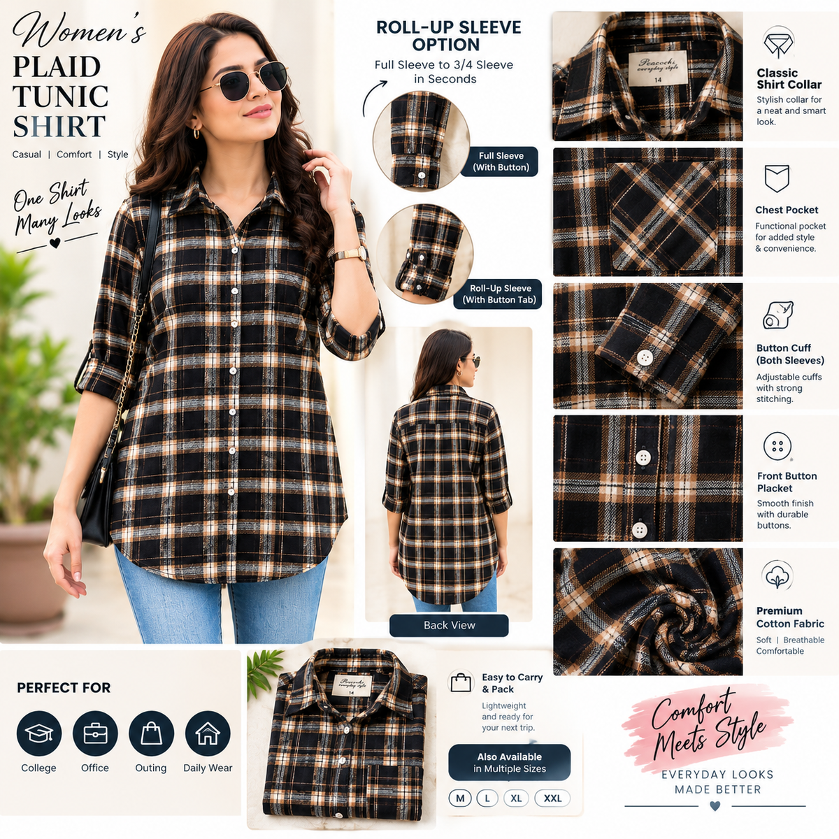 Peacocks black and beige check button-up shirt – detail view