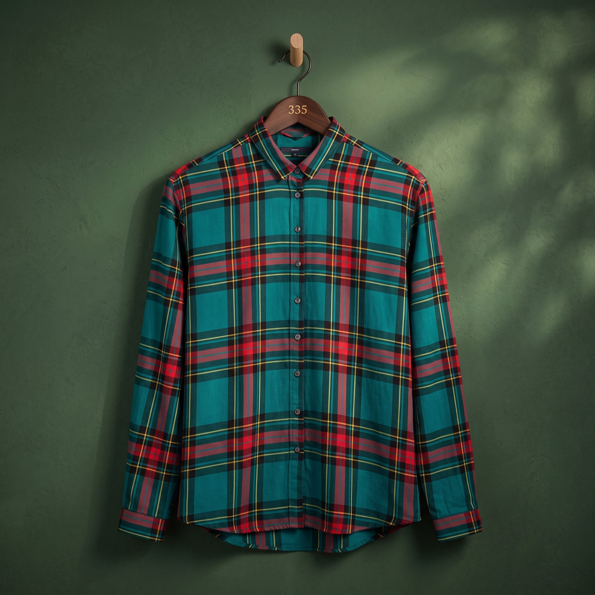 Women's teal plaid check tunic shirt with red and yellow checks, full sleeves – front view