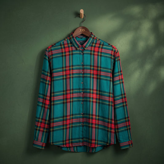 Women's teal plaid check tunic shirt with red and yellow checks, full sleeves – front view