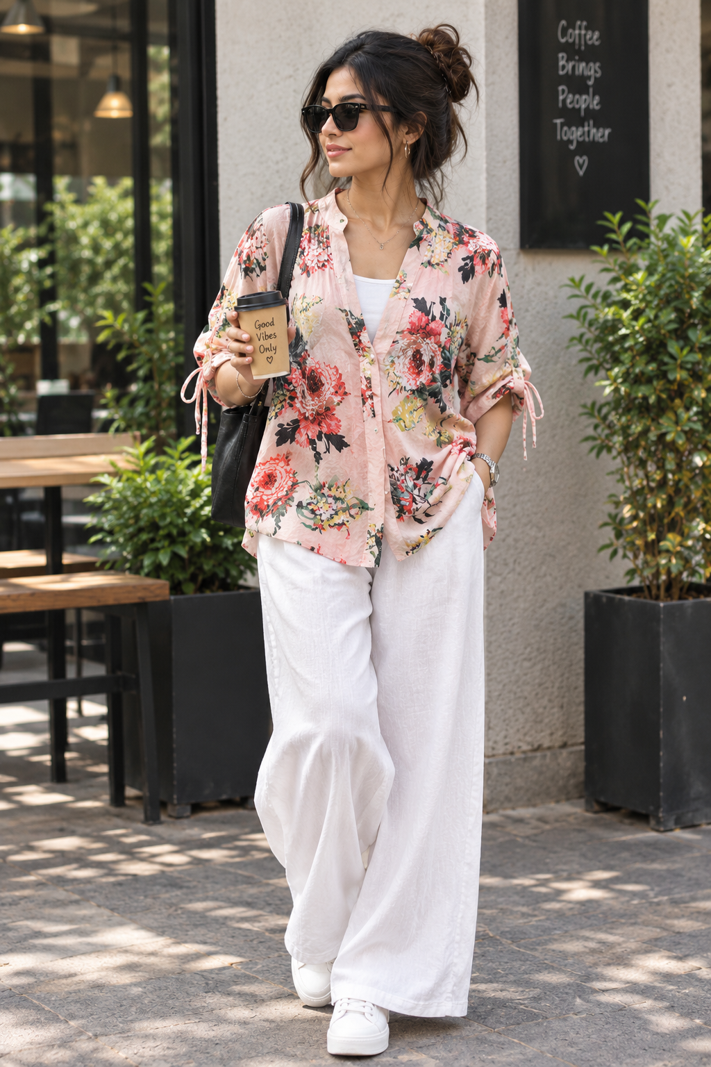 Woman in a pink floral shirt and white wide-leg trousers