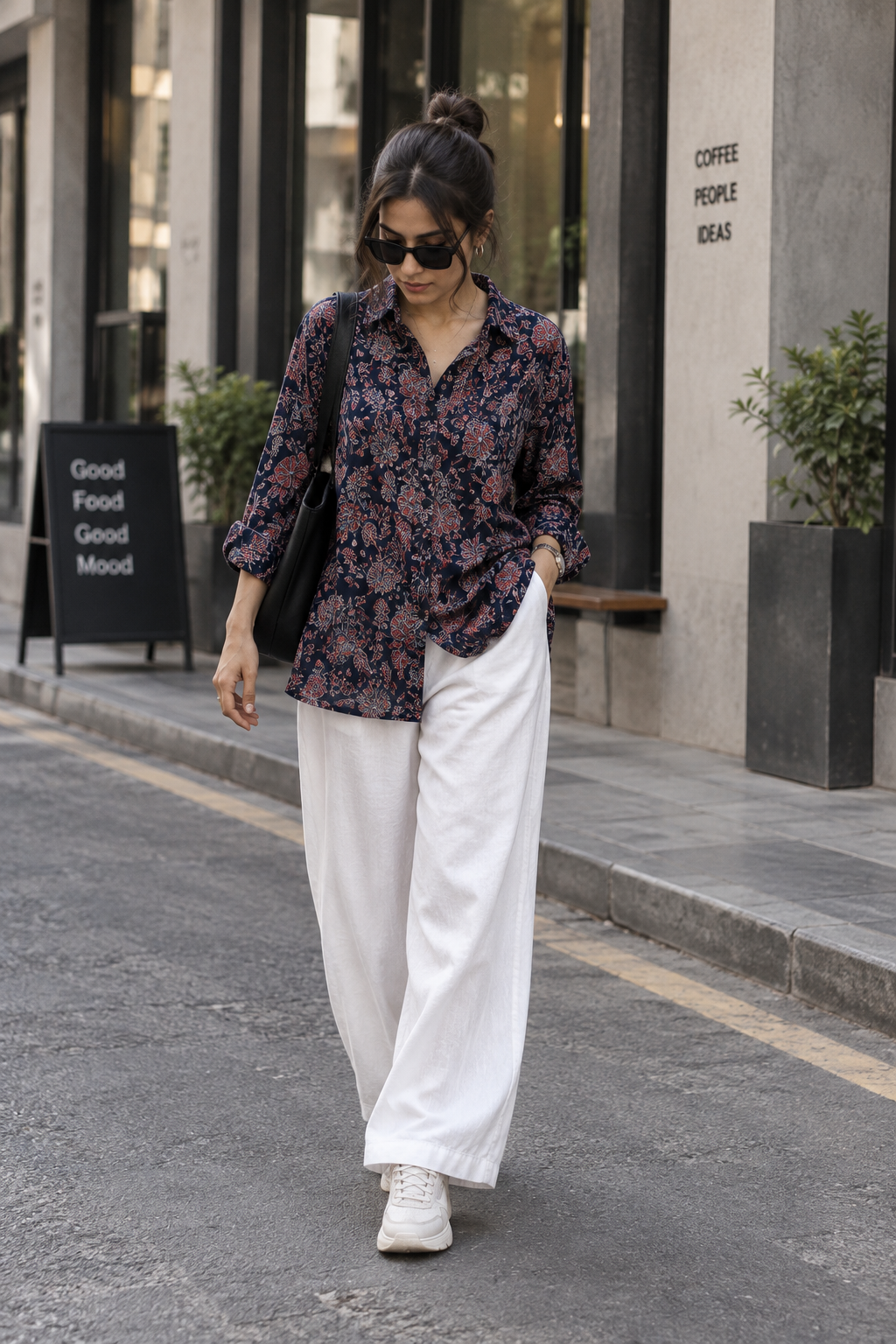 Woman in a navy floral print shirt and white trousers