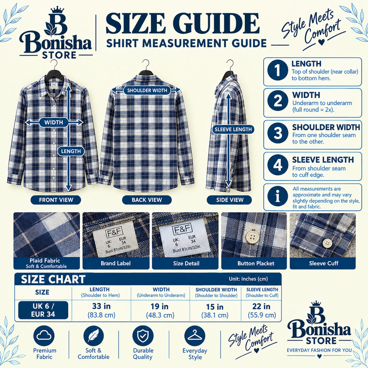 Women's navy and white plaid long shirt – styled look and detail views