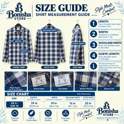 Women's navy and white plaid long shirt – styled look and detail views