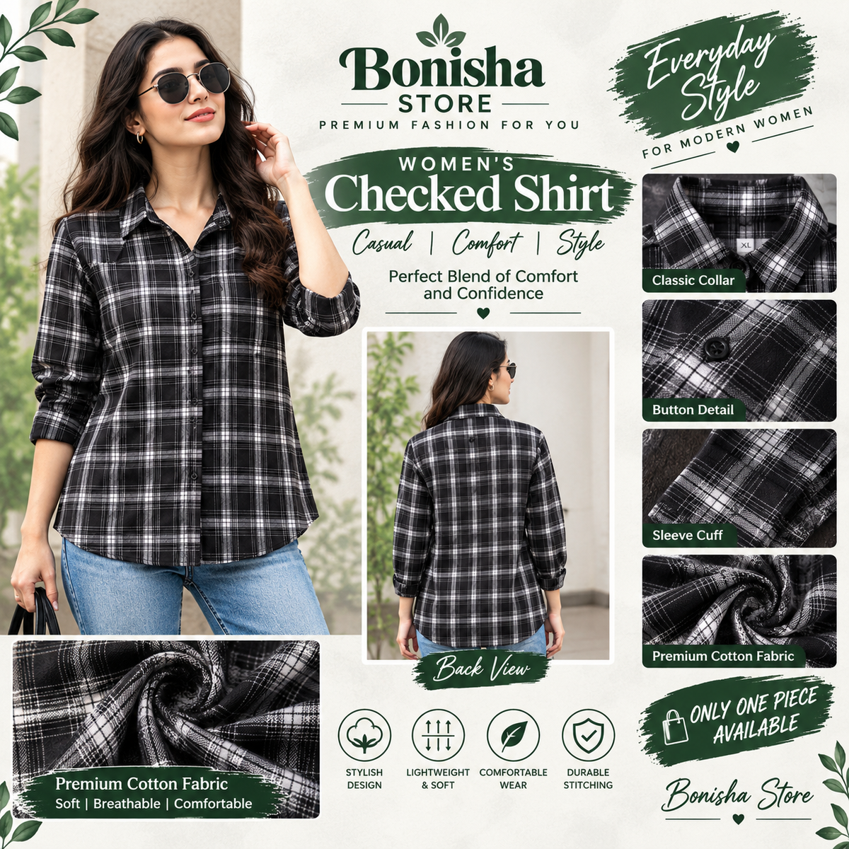 Black and white plaid check shirt – collar, buttons and chest pocket detail