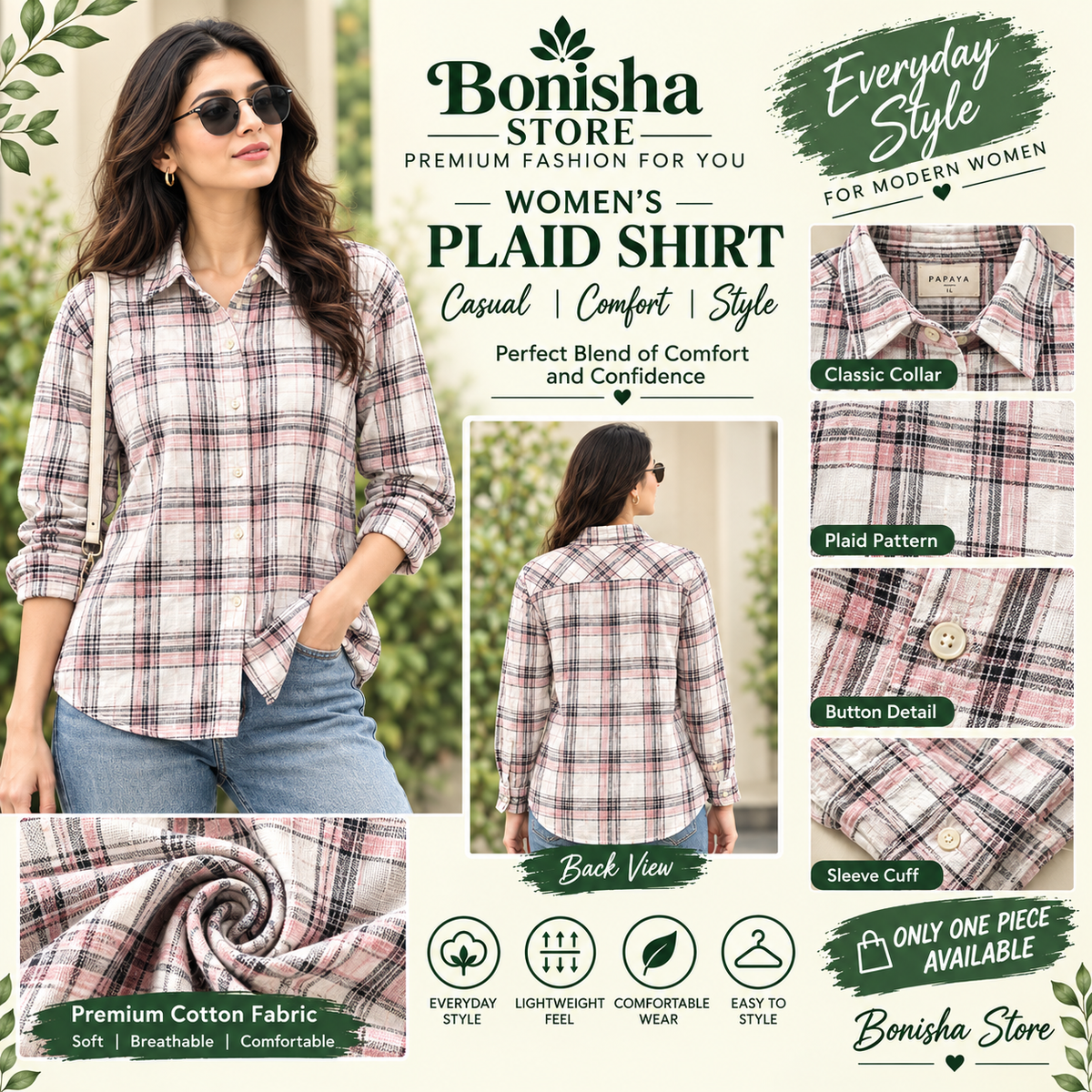 Women's cream and pink plaid shirt – styled look and detail views