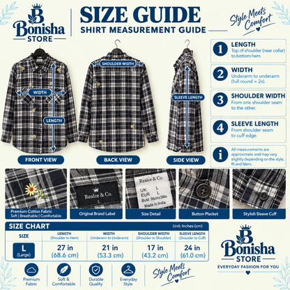 Black and white plaid embroidered shirt size L – size guide and measurements