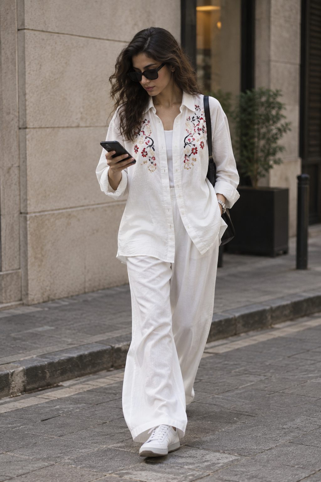 Woman in a white embroidered shirt and white trousers