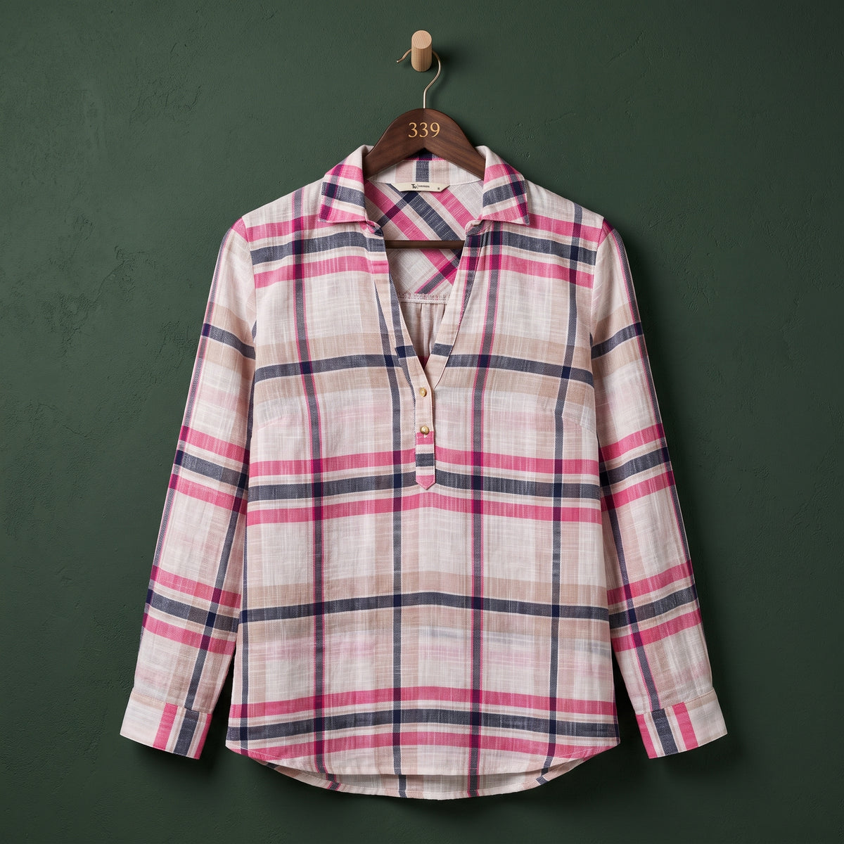 Women's pink, white and navy blue check longline tunic shirt with full sleeves