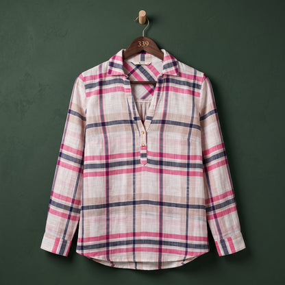 Women's pink, white and navy blue check longline tunic shirt with full sleeves