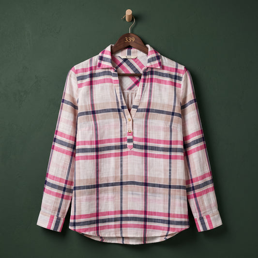 Women's pink, white and navy blue check longline tunic shirt with full sleeves