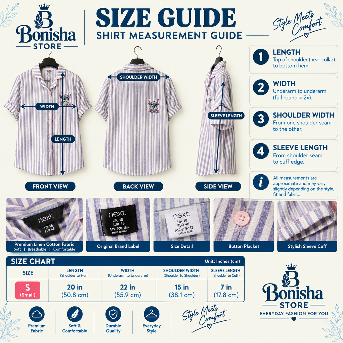 Women's light blue striped short-sleeve shirt – another view of stripes and curved hem