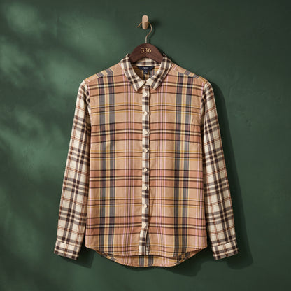 Next women's beige, brown, cream and pink plaid long sleeve button-down shirt.