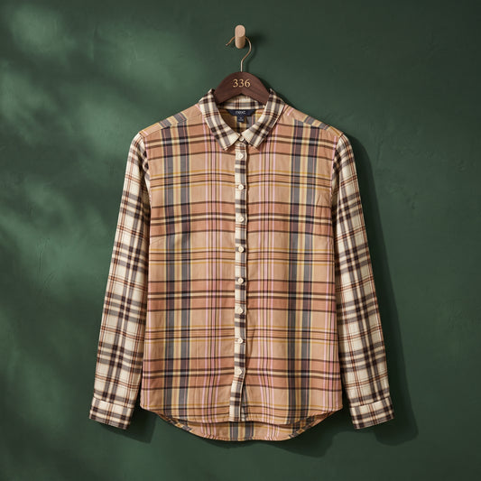Next women's beige, brown, cream and pink plaid long sleeve button-down shirt.