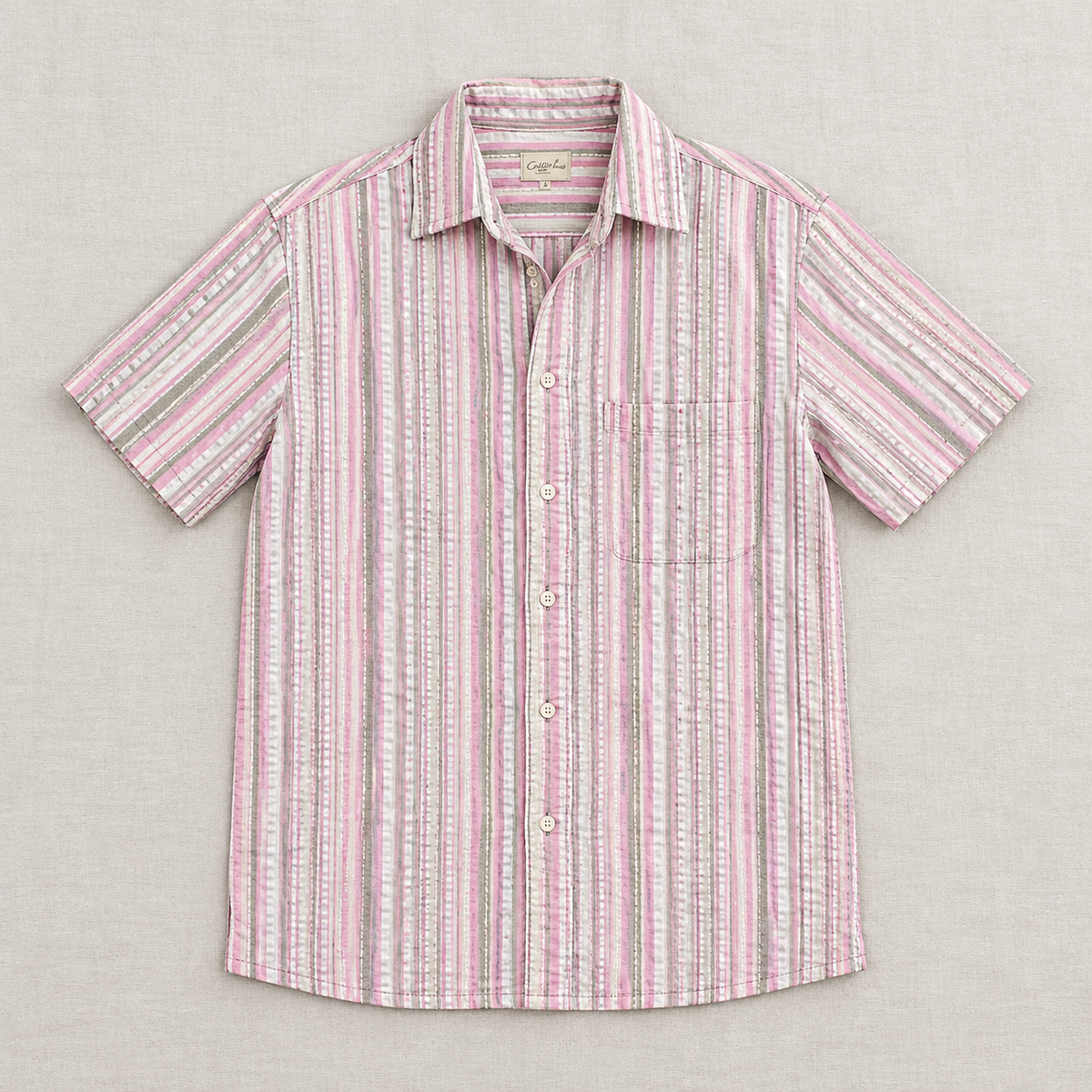 Pink and grey textured stripe short sleeve shirt – product view