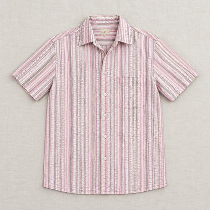 Pink and grey textured stripe short sleeve shirt – product view