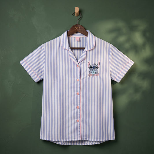 Women's light blue and white striped short-sleeve button-up shirt with Stitch graphic – front view